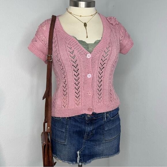 Vintage Pink Crochet Knit Cardigan Top Open Knit Coquette Y2K Cottagecore - Picture 1 of 7